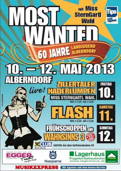 Flyer für das Zeltfest Most Wanted (60 Jahre Landjugend) in Alberndorf